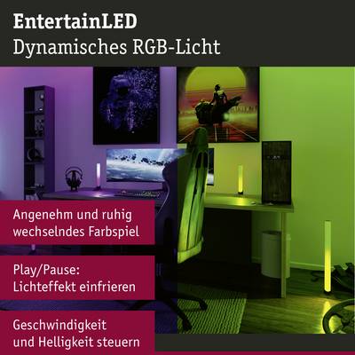 'EntertainLED Dynamisches RGB-Licht' zeigt einen Arbeitsplatz mit wechselnden Farben. Text betont angenehme Lichtatmosphäre und steuerbare Effekte.