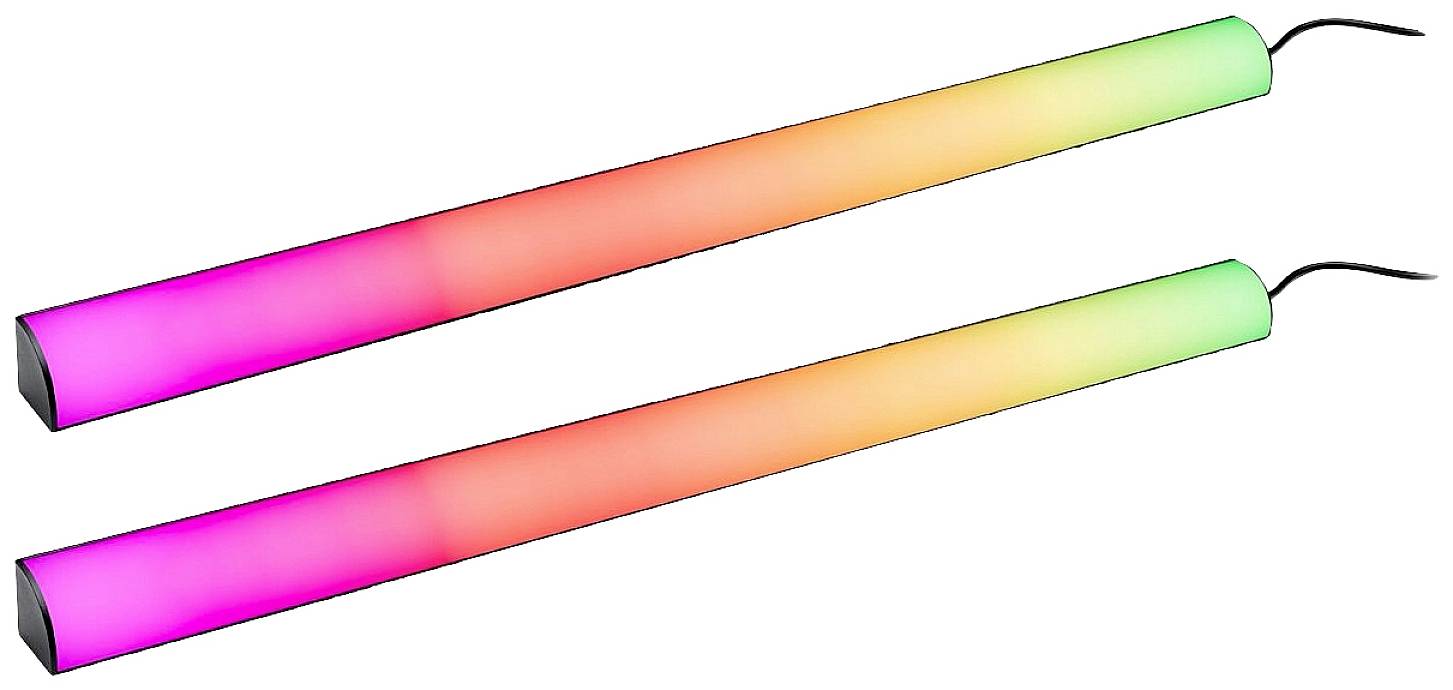 Zwei LED-Leuchtstäbe, die Farben von Pink zu Grün und Gelb wechseln, mit schwarzen Kabeln an einem Ende.
