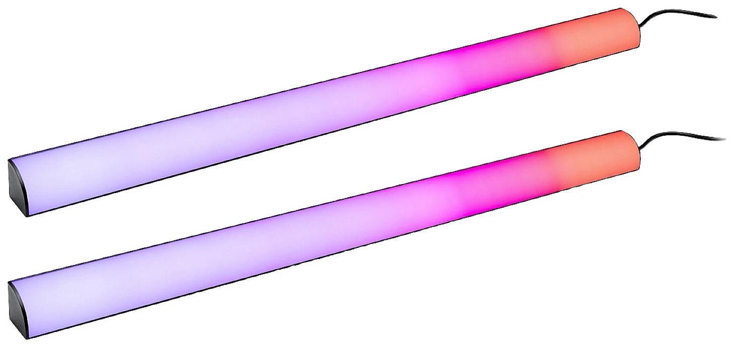 Zwei leuchtende LED-Balken mit Farbverlauf von Rosa zu Blau und Rot, je mit einem Kabel an einem Ende. Sie sind nebeneinander platziert.