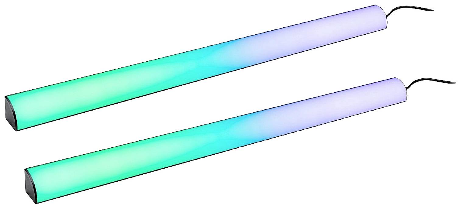 Zwei smarte, leuchtende LED-Streifen, die von Türkis zu Lila verlaufen, an beiden Enden mit Kabeln verbunden.