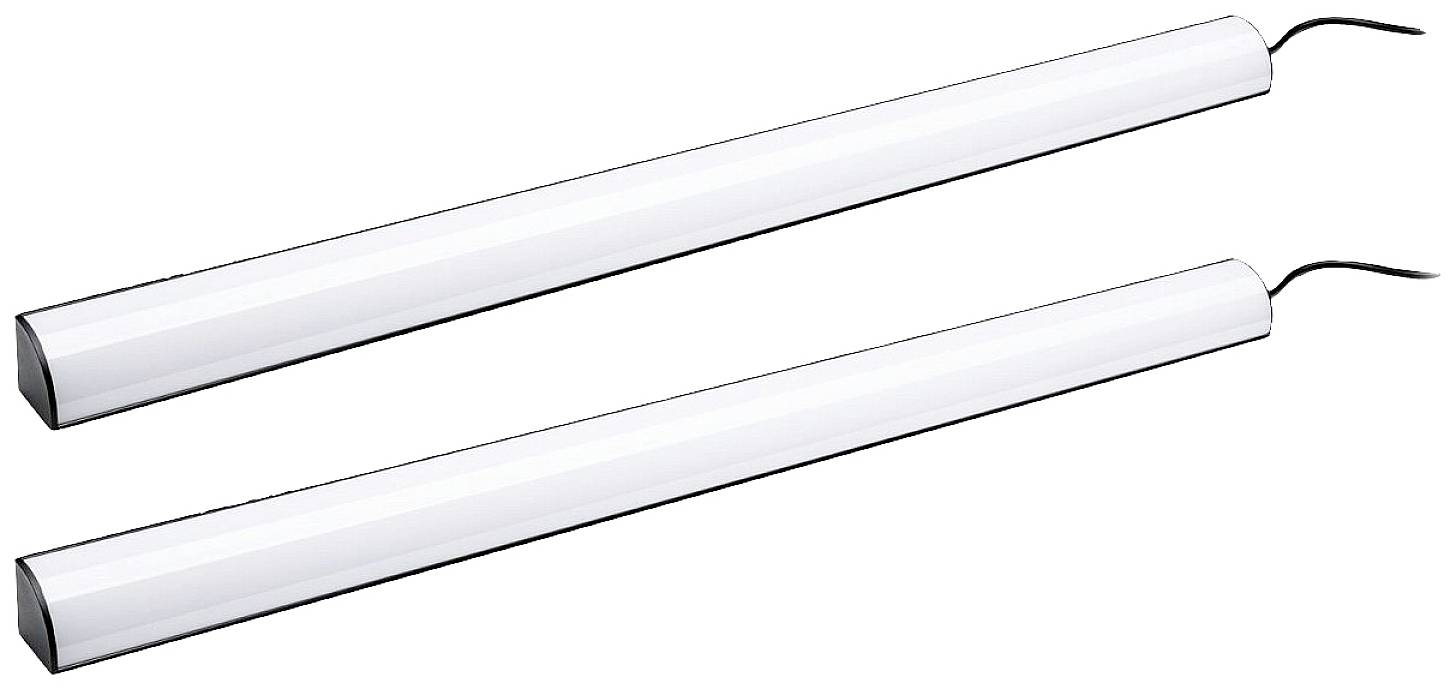 Zwei längliche LED-Leuchten mit weißen Abdeckungen und schwarzen Kabeln.