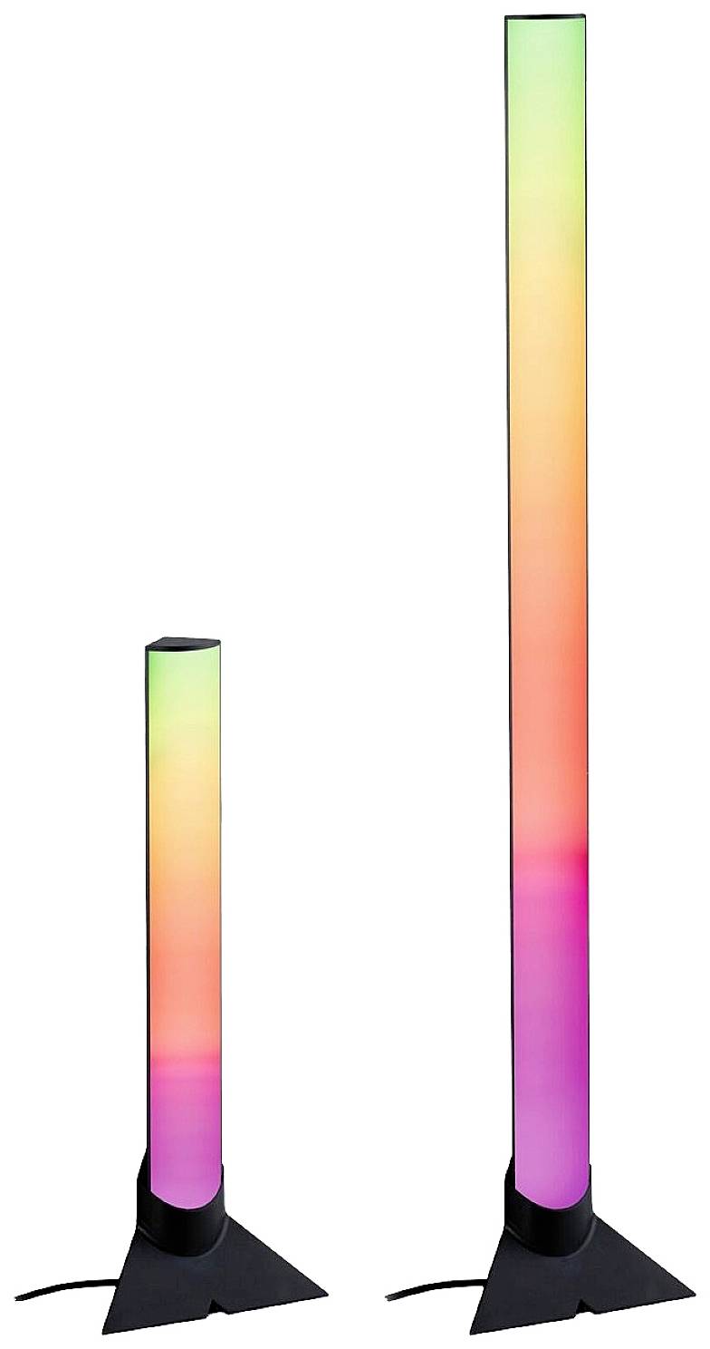Zwei LED-Lichtstäbe auf dreieckigen Sockeln, die in verschiedenen Farben leuchten, einer ist kürzer als der andere.