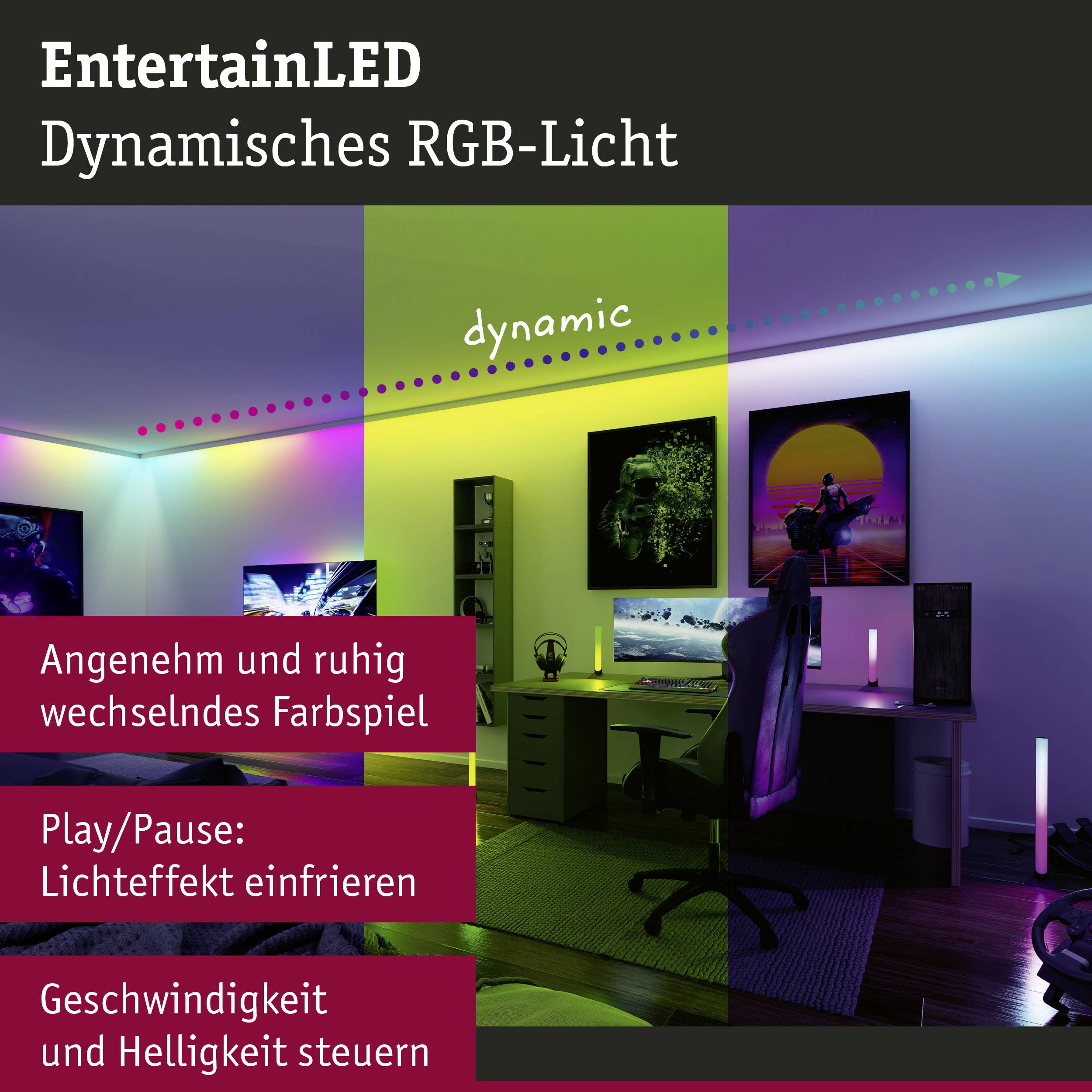 Ein Raum mit dynamischem RGB-Licht, das sanft wechselt. Eine Person steuert die Lichteffekte am Computer. Text: 'Angenehm und ruhig wechselndes Farbspiel'.