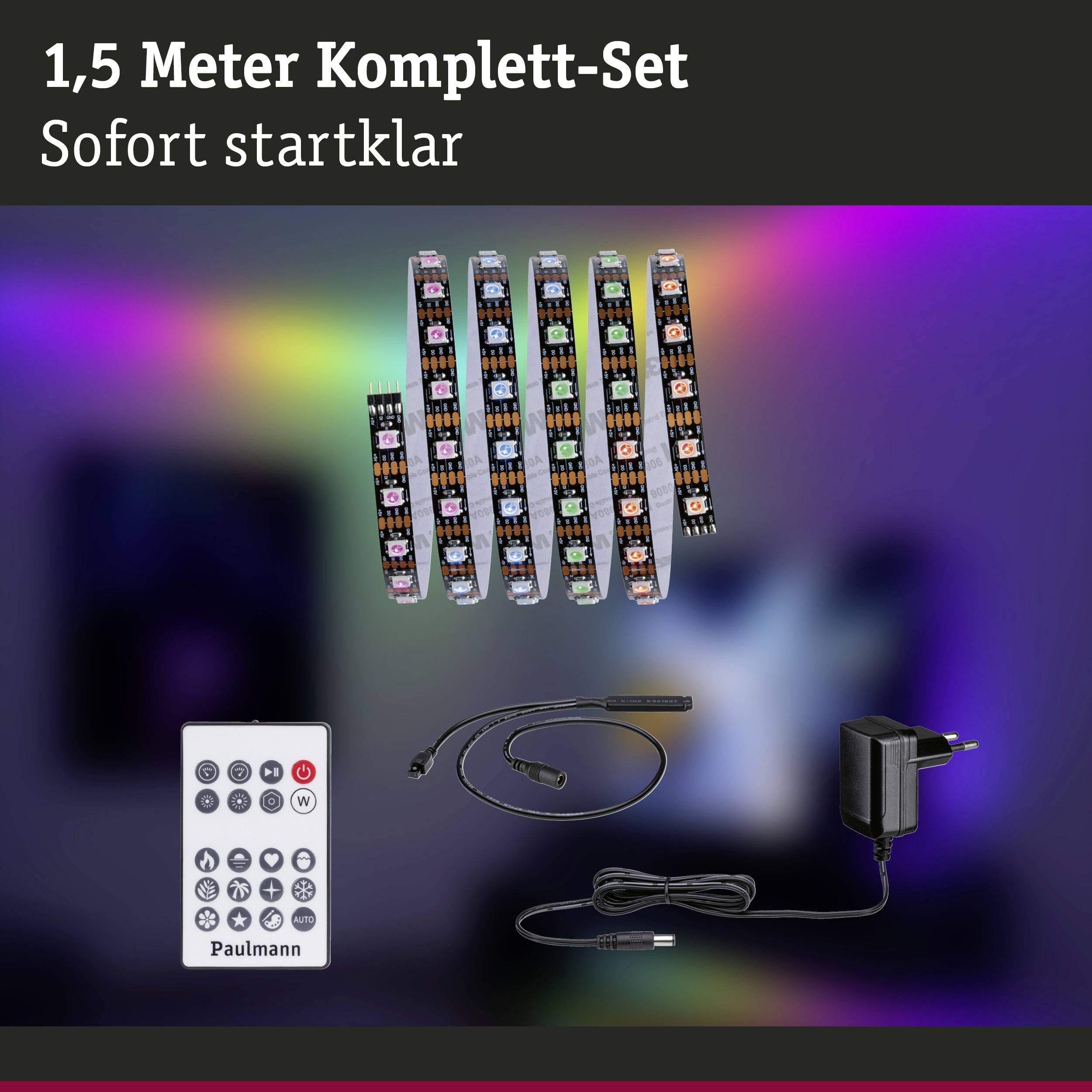 Ein LED-Lichtstreifen-Set, bestehend aus mehreren Streifen, Fernbedienung, Stecker und Kabel, vor einem Hintergrund mit bunten Lichtern.