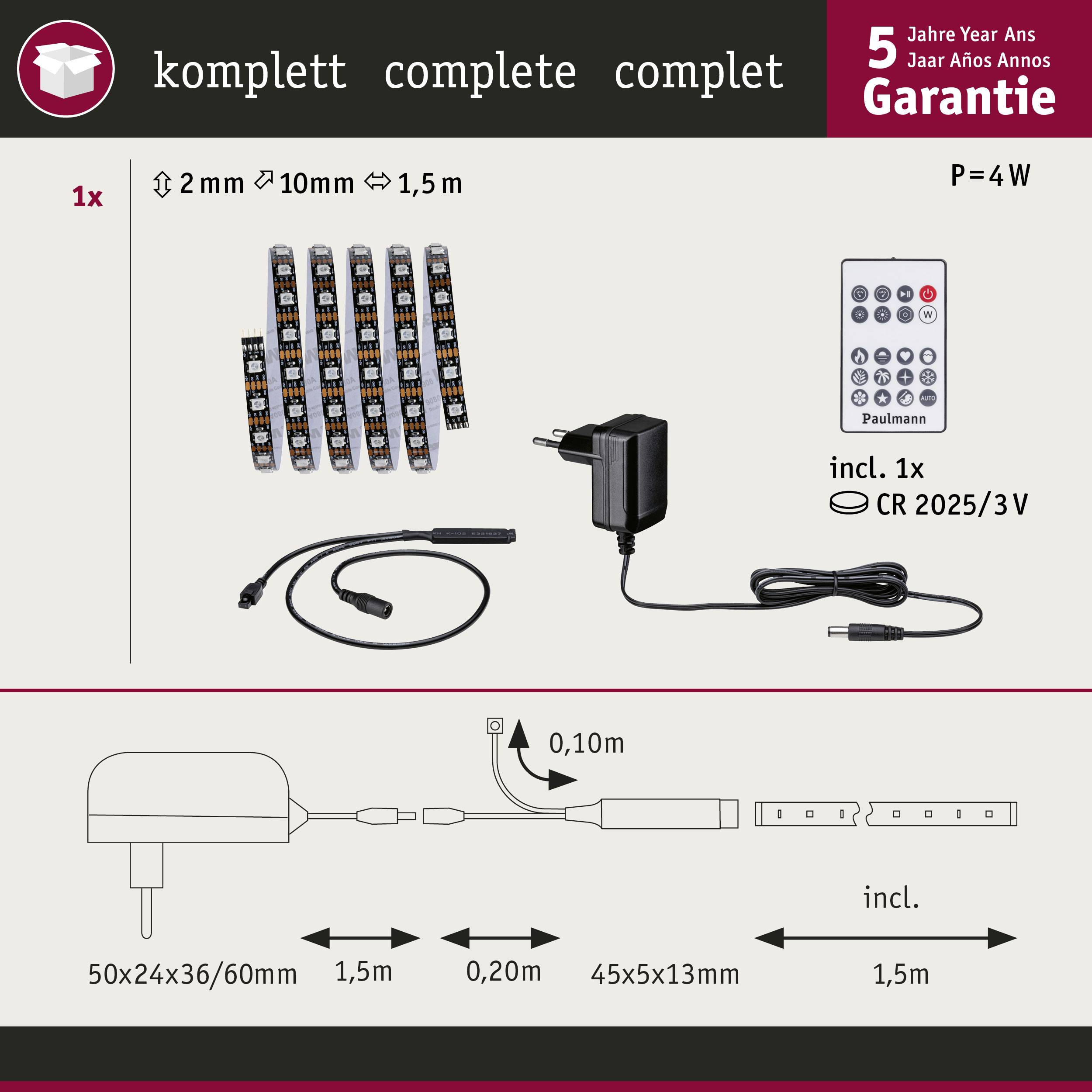 'Komplett-Set' mit LED-Streifen, Fernbedienung, Netzteil und Anschlusskabel. Geeignet für Dekoration. 5 Jahre Garantie.