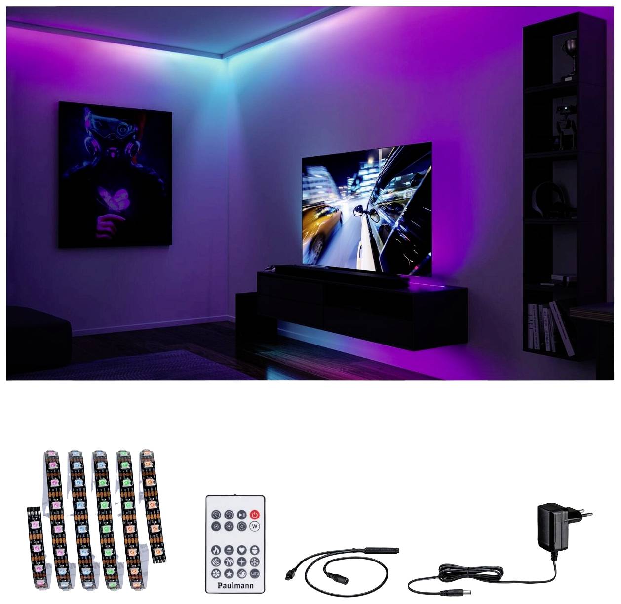 Ein modernes Wohnzimmer mit LED-Streifen in verschiedenen Farben an der Decke, ein Fernseher mit dynamischem Bild, Poster an der Wand. Unten sind LED-Streifen, Fernbedienung und Zubehör abgebildet.