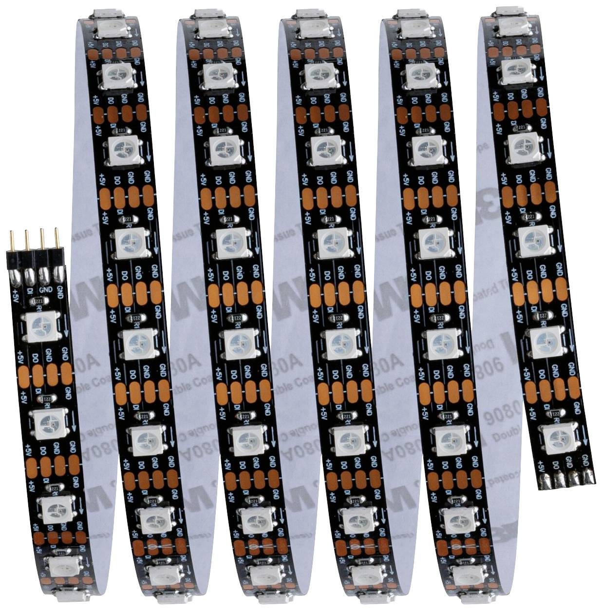 Sechs flexible LED-Streifen, nah aneinandergereiht. Jeder Streifen zeigt eine Reihe quadratischer LEDs mit orangefarbenen und schwarzen Details.