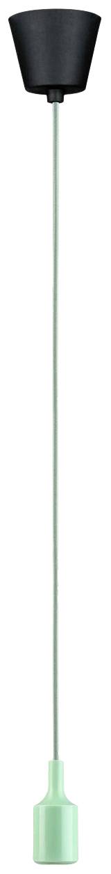 Eine minimalistische Hängelampe mit schwarzem Baldachin, langem grünen Kabel und mintgrüner Lampenfassung, geeignet für modernes Interieur.