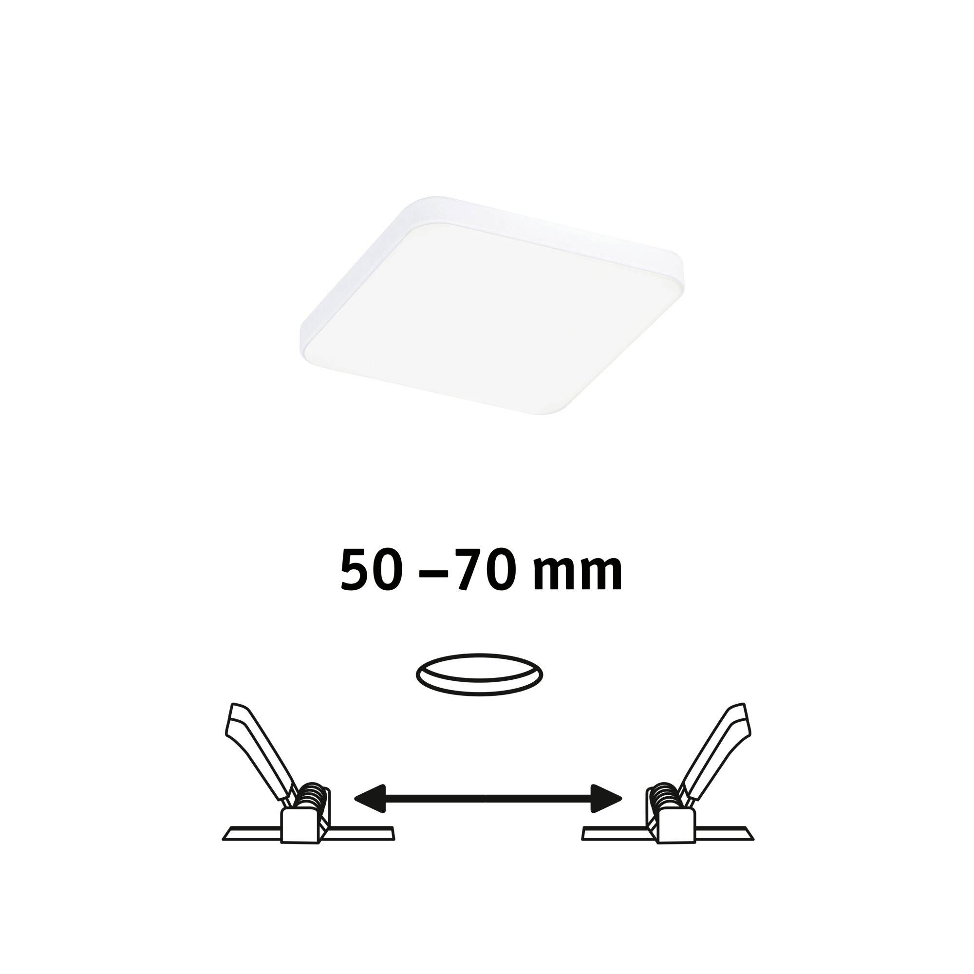 Quadratische LED-Deckenleuchte, 50-70 mm Abhängehöhe. Montageanleitung mit Pfeilen zur Ausrichtung der Halterungen.