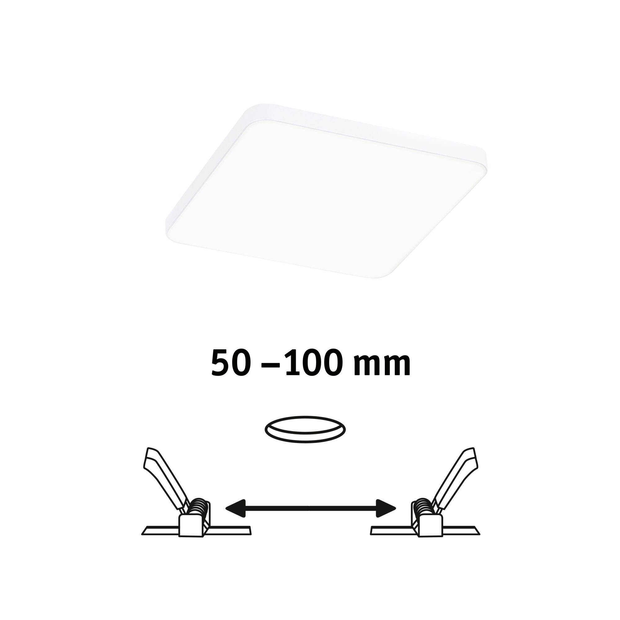 Einbaustrahler-Illustration mit Winkel- und Abstandsanweisung von 50-100 mm. Rechteckige, flache Leuchte dargestellt.