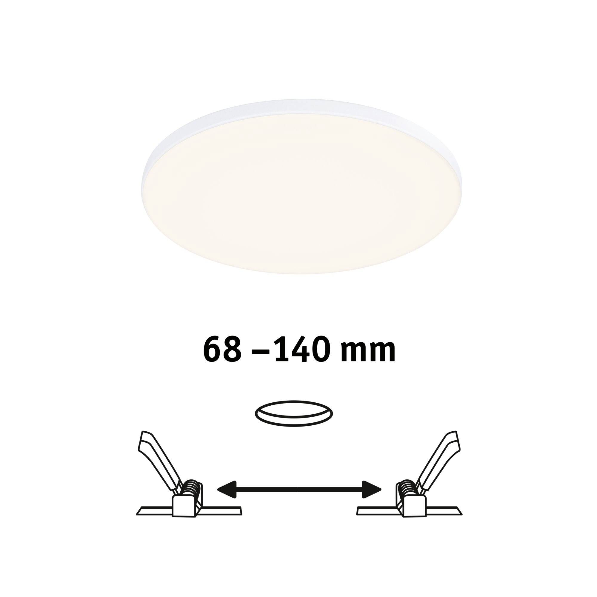 Runde LED-Deckenleuchte mit einem Durchmesser von 68-140 mm, dargestellt mit Einbauanleitung zur Montage.