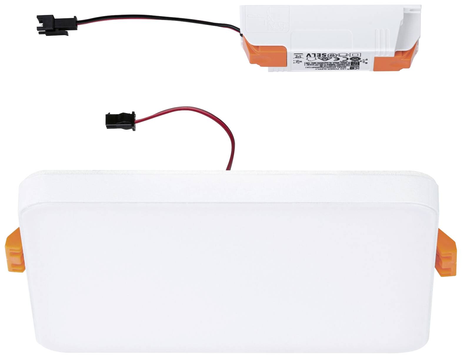 Rechteckige LED-Leuchte mit weißen Abdeckung, orangen Clips und externem Netzteil mit Kabel.