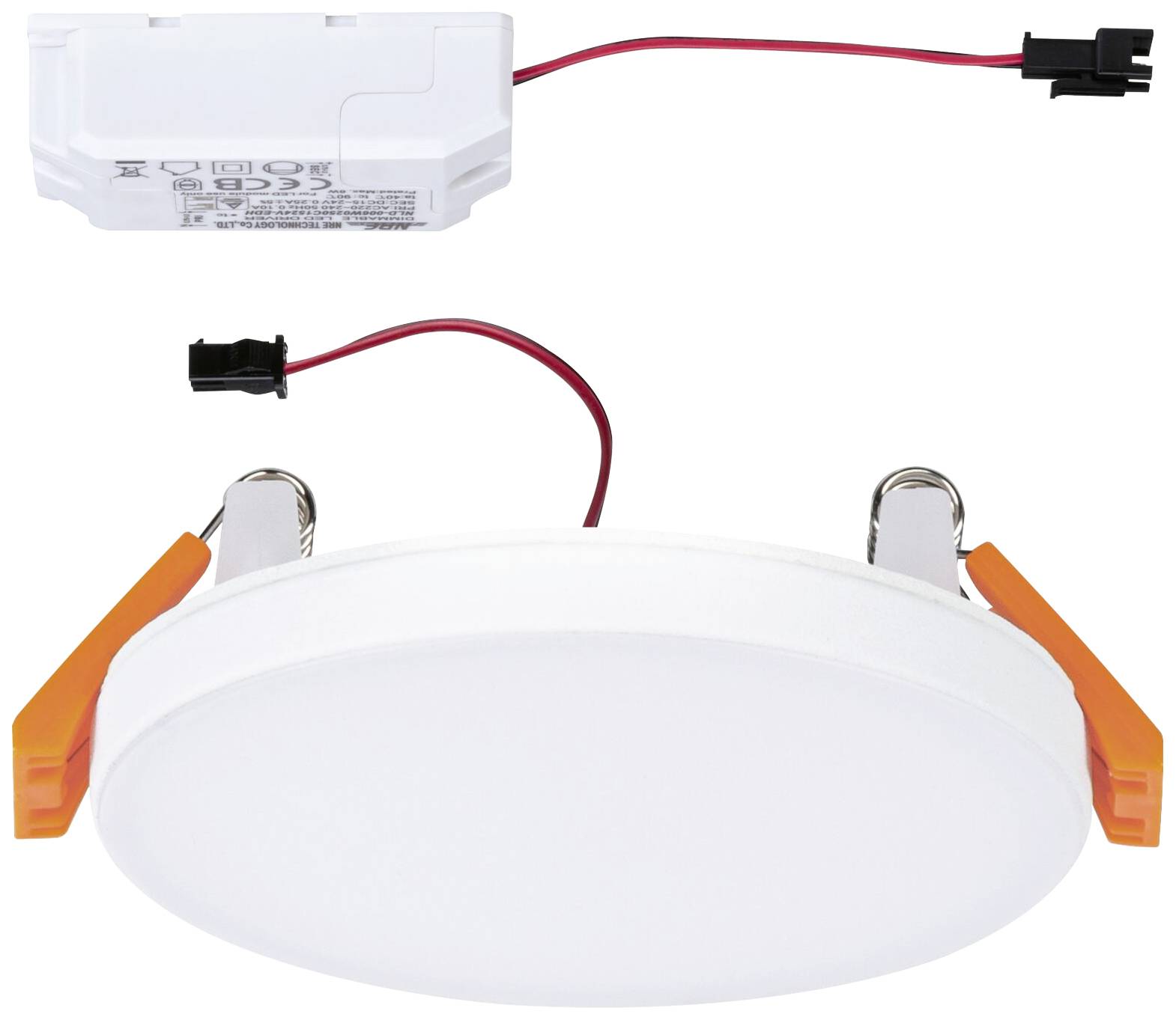 Runde LED-Deckenleuchte mit weißem Gehäuse und orangefarbenen Clips. Im Hintergrund ein separater Transformator mit Kabelverbindungen.