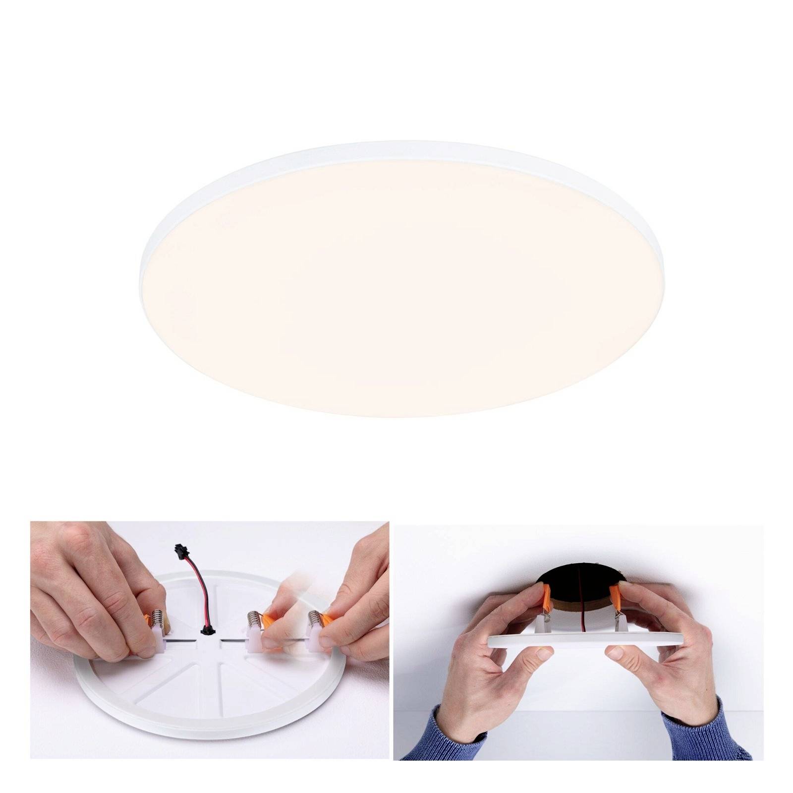 Runde LED-Deckenleuchte in Weiß. Zwei kleinere Bilder zeigen die Montage: Anschließen der Kabel und Befestigen der Lampe an der Decke.