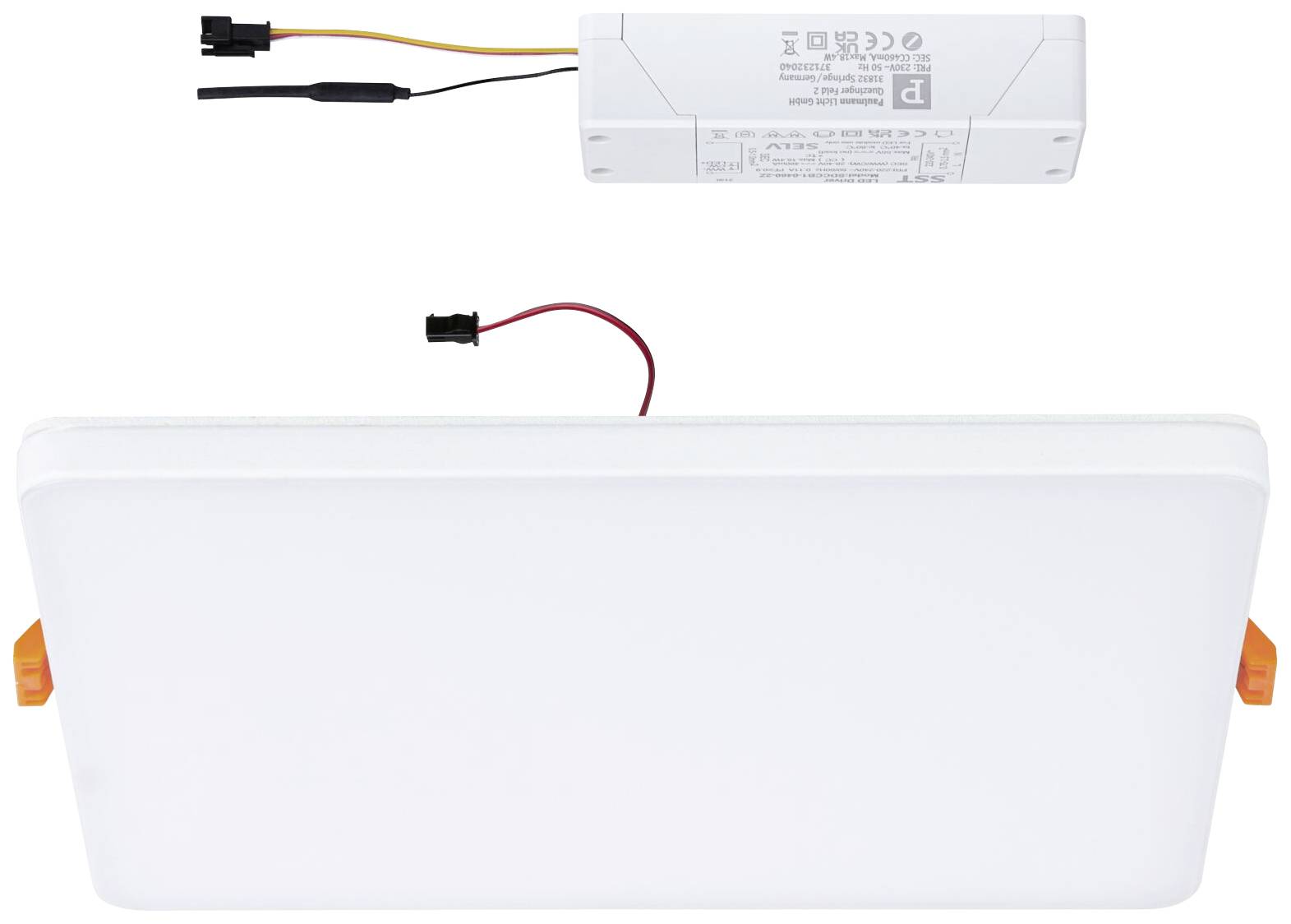 Rechteckiges LED-Panel mit Kabeln und Treiber. Geeignet für Deckenmontage in Innenräumen. Energiesparend und platzsparend gestaltet.