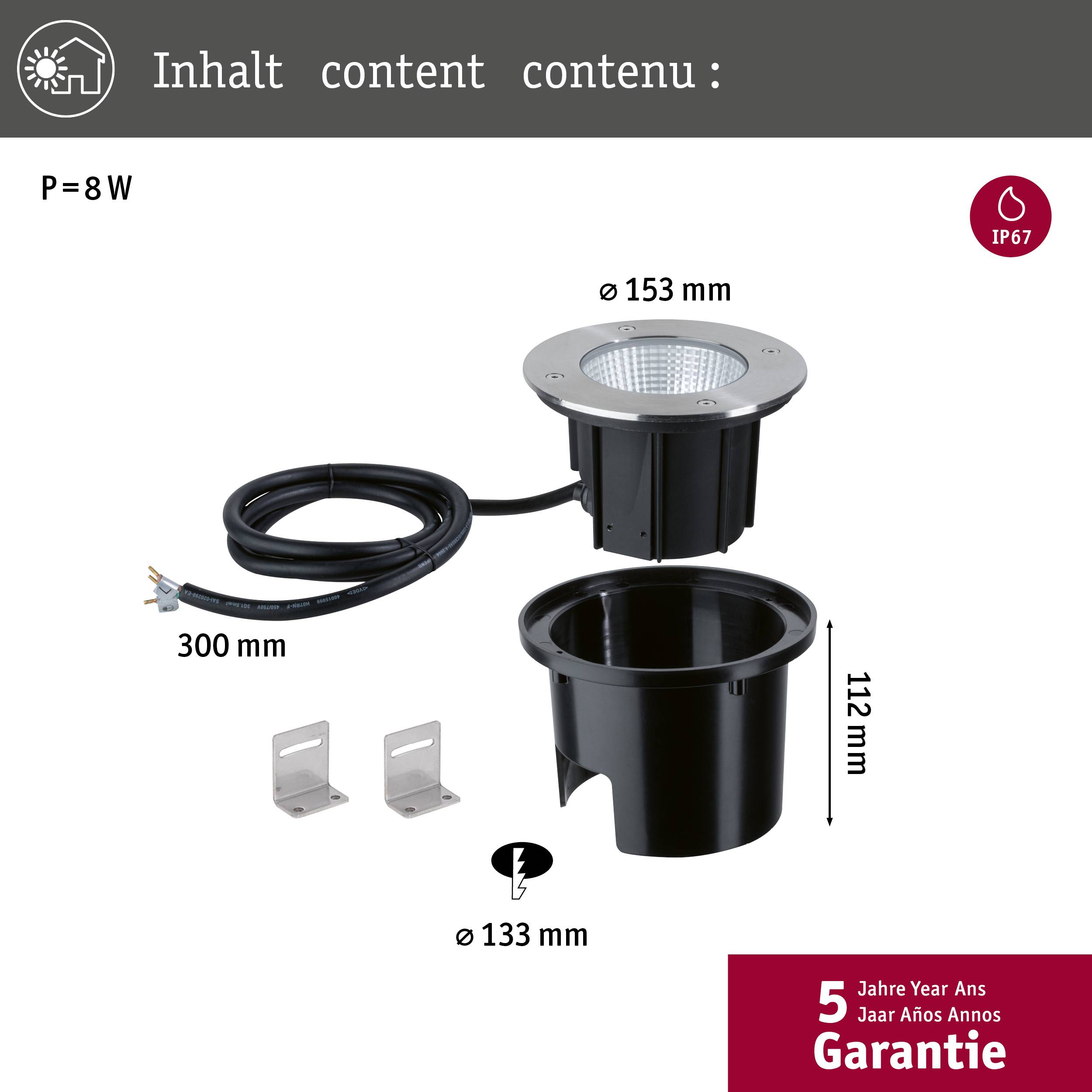 'LED-Bodenstrahler: 8W Leistung, Durchmesser 153mm, Höhe 112mm. IP67-Schutz, 300mm Kabel, inkl. Montagezubehör. 5 Jahre Garantie.'