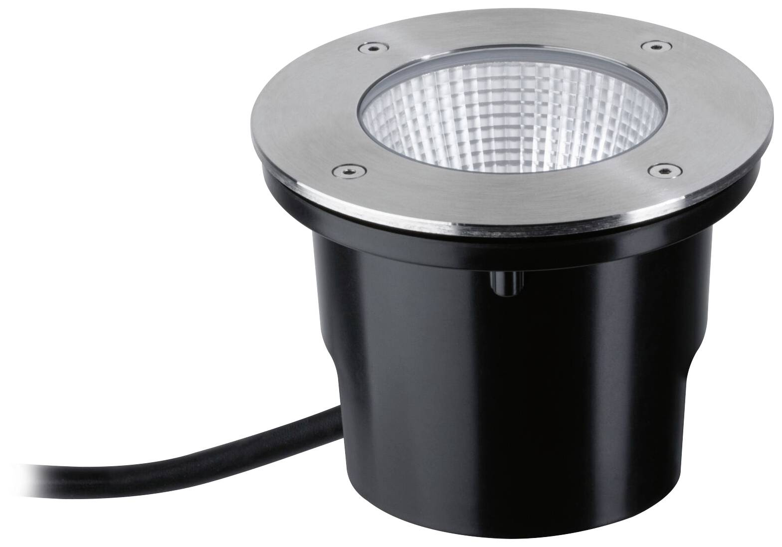 Runde Bodeneinbauleuchte mit silbernem Rand und schwarzem Gehäuse, Kabel zur Stromversorgung, geeignet für Außenbereich.