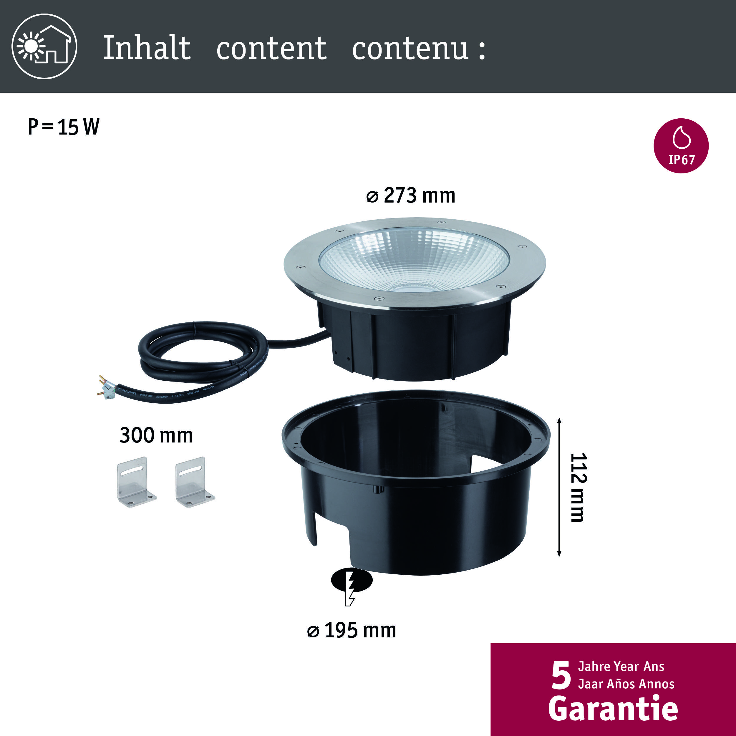 'LED-Bodenstrahler' mit 15 W Leistung, Durchmesser 273 mm und Höhe 112 mm. IP67, inklusive Kabel und 5 Jahre Garantie.