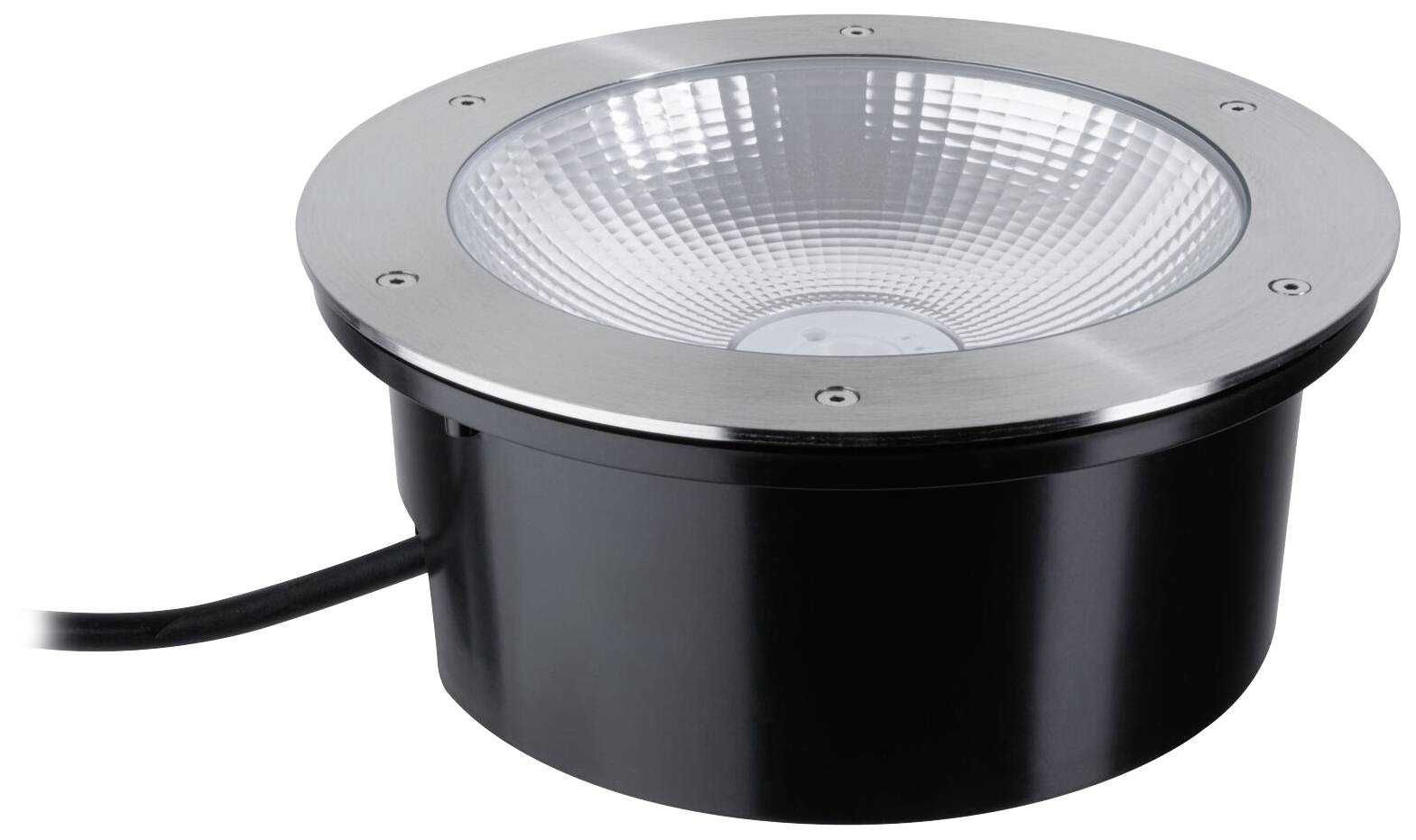 Runde LED-Bodenleuchte mit Metallrahmen und geriffelter Glasabdeckung, geeignet für Außenbereich zur Akzentbeleuchtung.