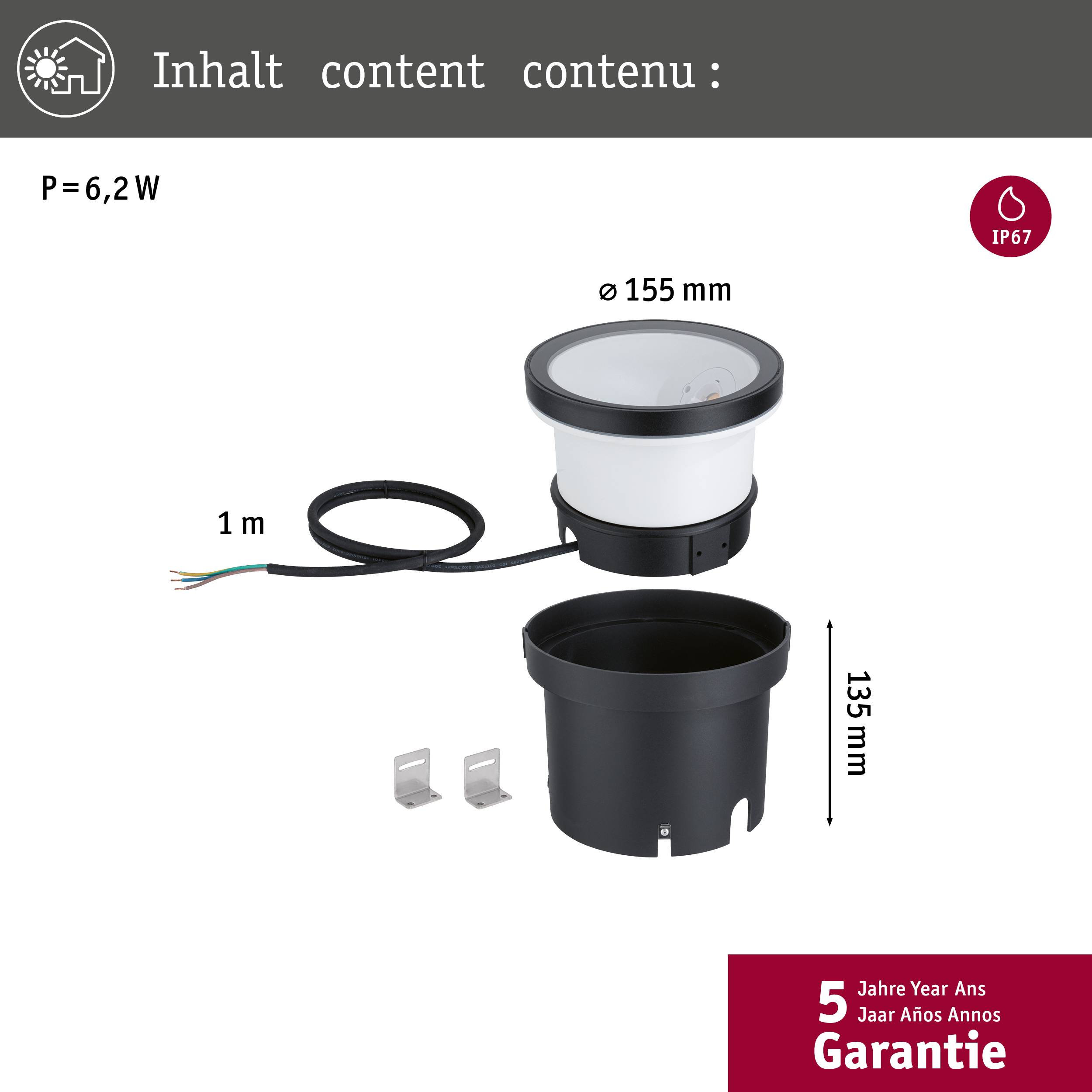 'Runde Einbauleuchte mit IP67, 155 mm Durchmesser, 6,2 W Leistung. Enthält Kabel und Gehäuse. 5 Jahre Garantie.'