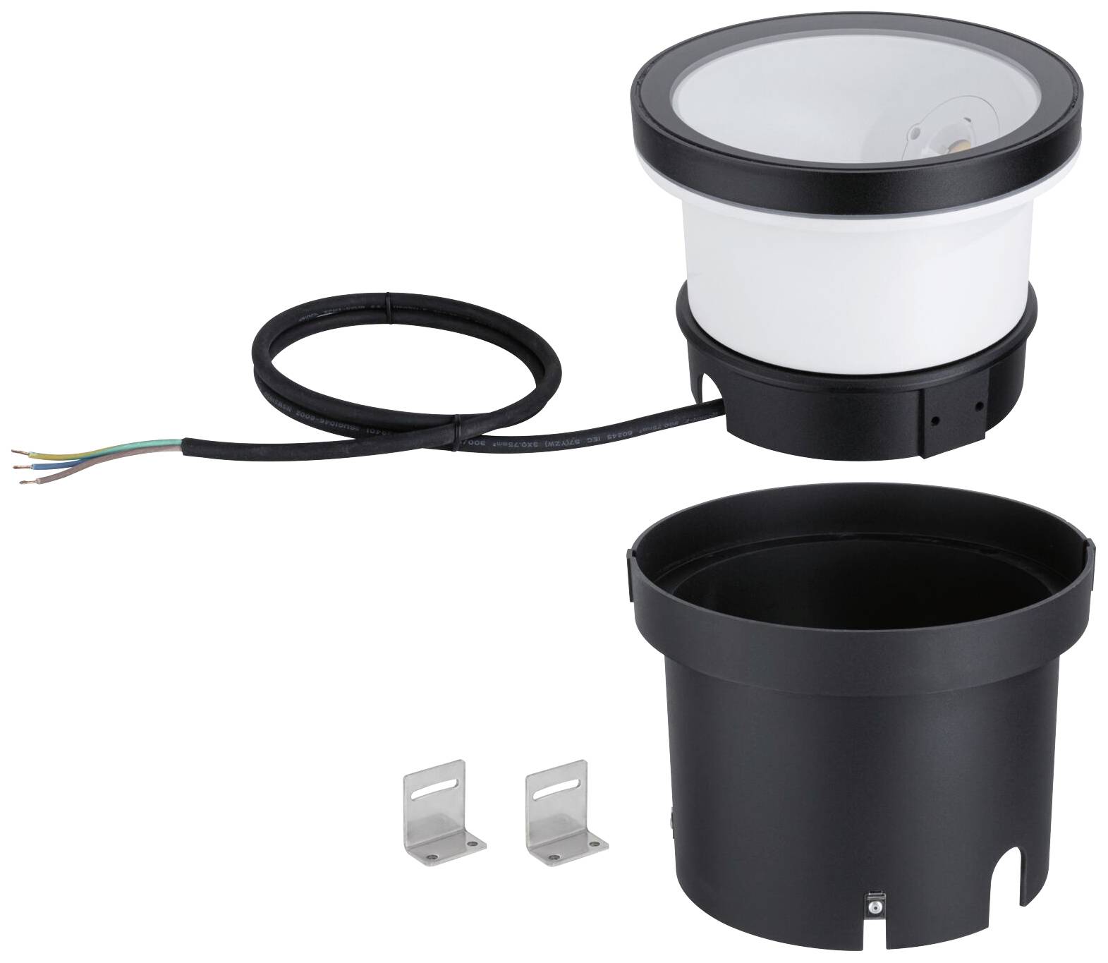 Spotleuchte und Gehäuse aus schwarzem Kunststoff, verbunden mit einem Kabel. Zwei kleine Metallhalterungen neben dem Gehäuse.