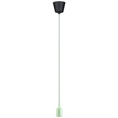 Eine minimalistische Pendelleuchte mit einem schwarzen Baldachin und mintgrüner Fassung, ideal für moderne Inneneinrichtungen.