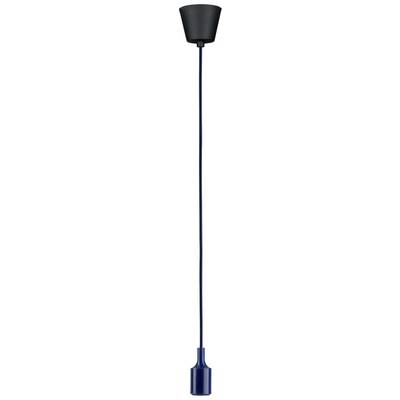 Eine Pendelleuchte mit schwarzem Lampenschirm und langem blauen Kabel, geeignet für moderne Inneneinrichtungen.
