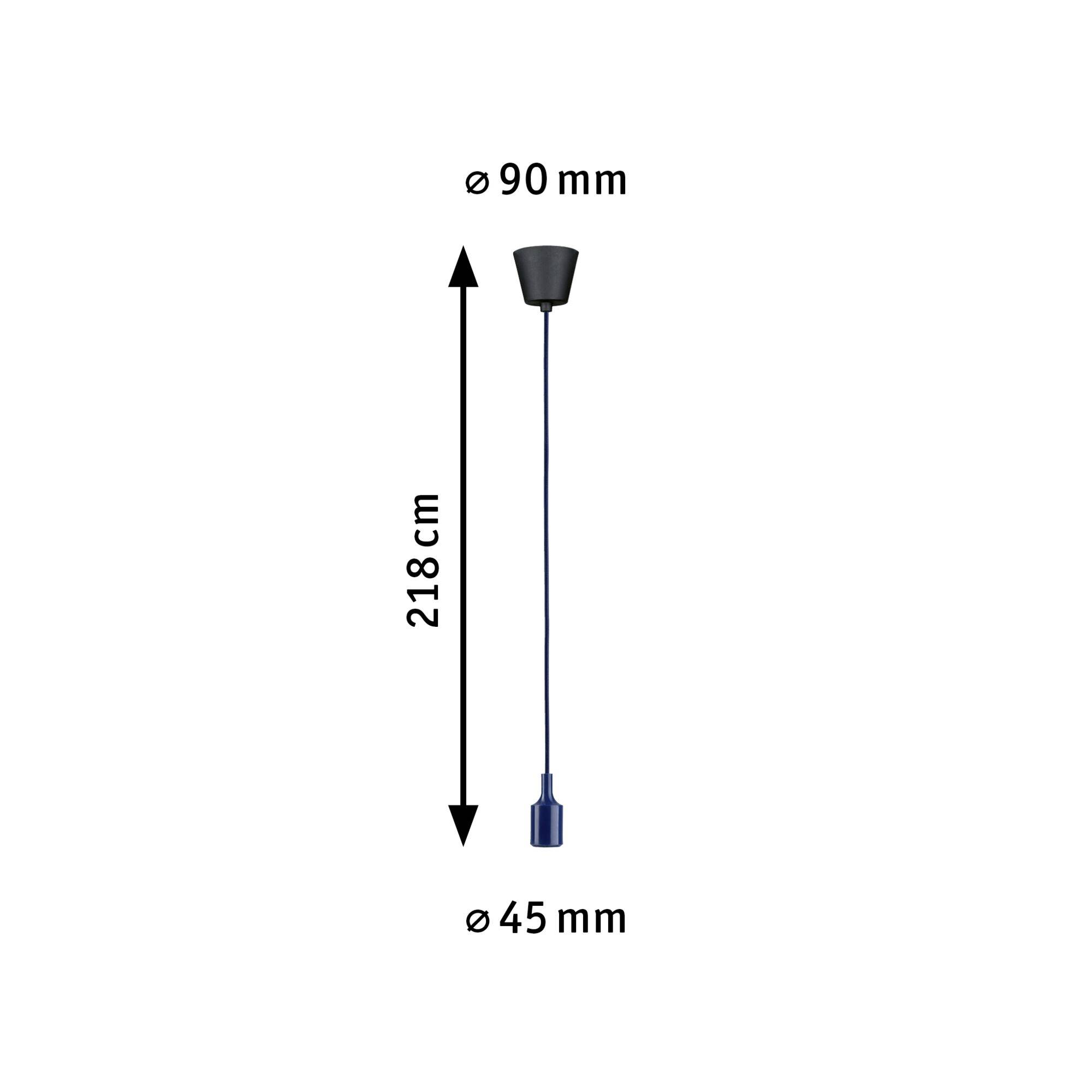 'Pendelleuchte mit 218 cm Kabel, schwarzer Baldachin (Ø90 mm) und blauer Lampenkörper (Ø45 mm).'