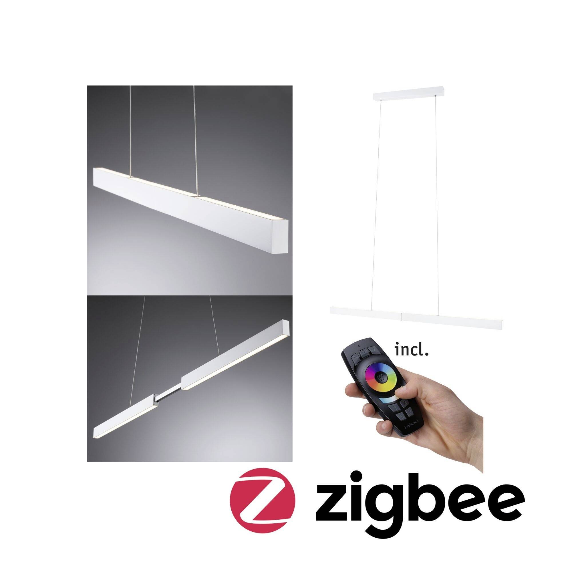 Pendelleuchte mit Fernbedienung, zwei Bilder der Leuchte in verschiedenen Ansichten. Logo 'Zigbee' unten.
