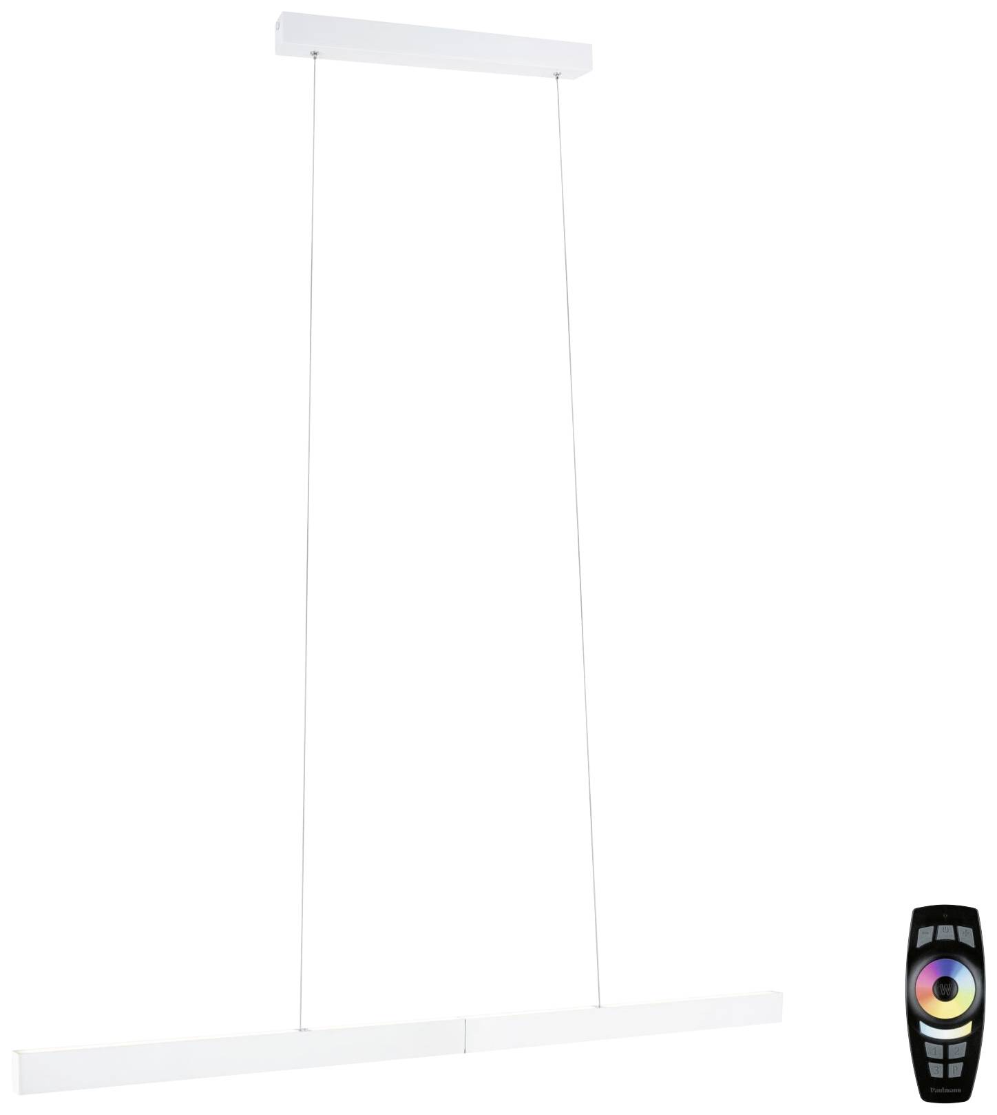 Weiße, längliche LED-Pendelleuchte mit zwei parallelen Stangen, aufgehängt an dünnem Draht; inklusive schwarzer Fernbedienung zur Steuerung.