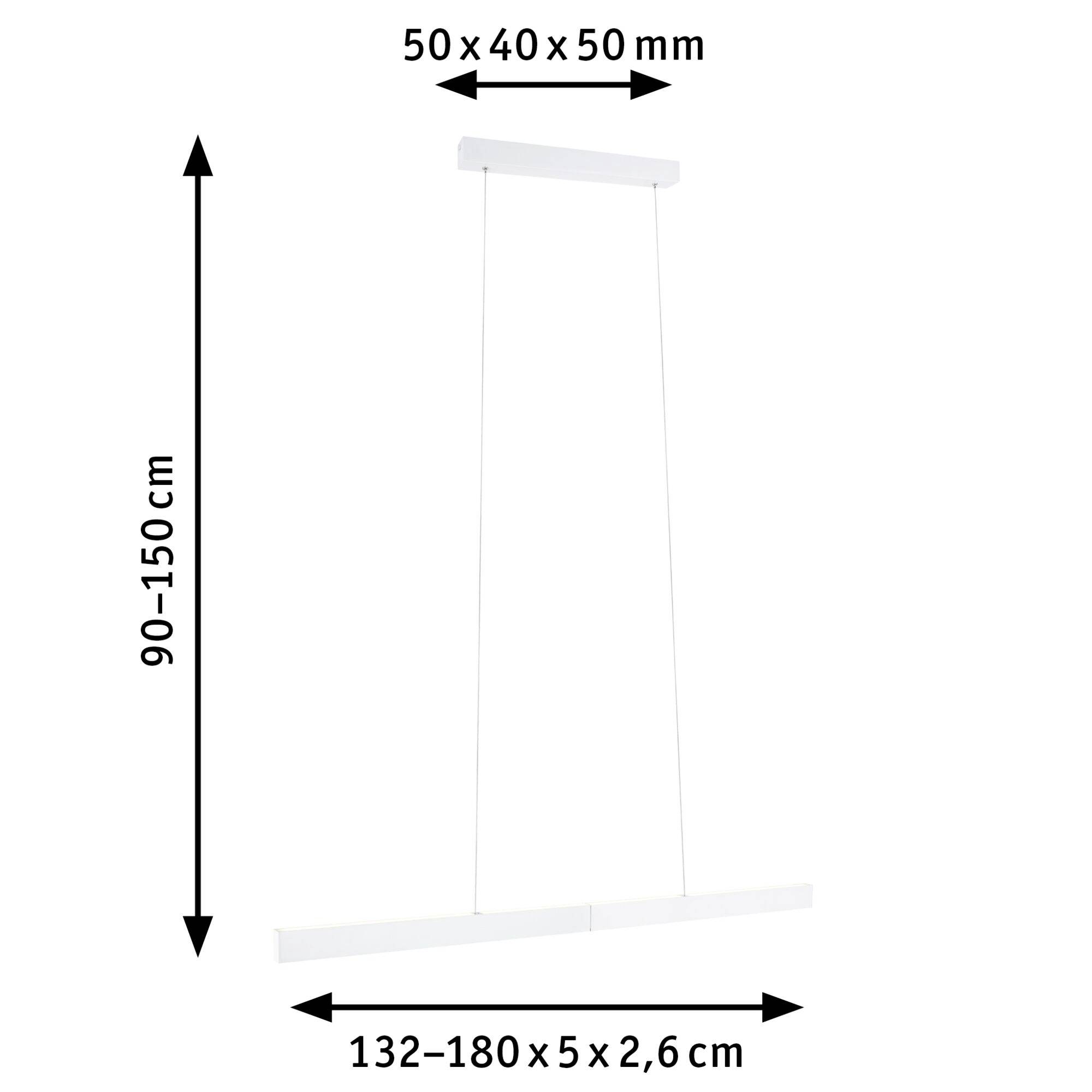 Weiße lineare Pendelleuchte mit verstellbarer Höhe (90-150 cm) und Breite (132-180 cm). Maße: 50 x 40 x 50 mm, Lampenkörper: 5 x 2,6 cm.