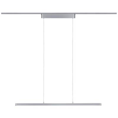 Moderne, silberne LED-Hängeleuchte mit schmalem, rechteckigem Lichtstreifen und zwei dünnen Kabeln an der Decke befestigt.