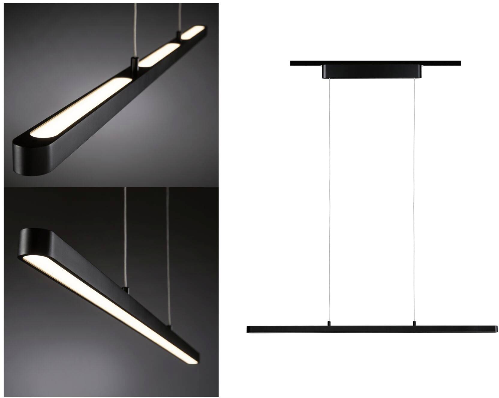 Eine moderne, schwarze LED-Hängelampe mit schmalem, länglichem Design, beleuchtet in einem dunklen Raum.
