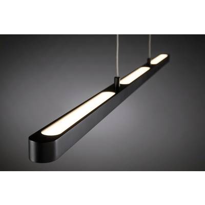 Eine moderne, schwarze Hängeleuchte mit drei hellen LED-Lichtfeldern, die an zwei Kabeln von der Decke hängt und minimalistisches Design zeigt.
