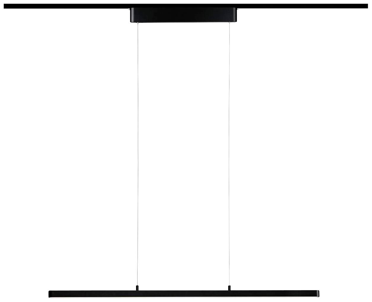 Minimalistische, rechteckige Pendelleuchte mit dünnen Kabeln und schwarzem Balken, ideal für moderne Esszimmer oder Büros.