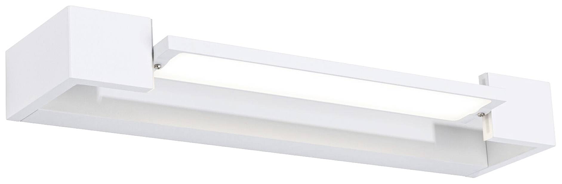 Weiße, rechteckige Wandlampe mit integriertem LED-Panel; modernes Design, geeignet für Innenräume.