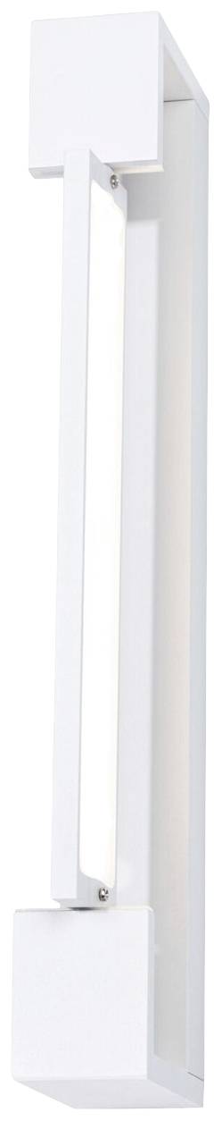 Eine moderne, weiße Wandleuchte mit rechteckigem Design und integrierter LED-Leiste, geeignet für den Einsatz in Innenräumen.
