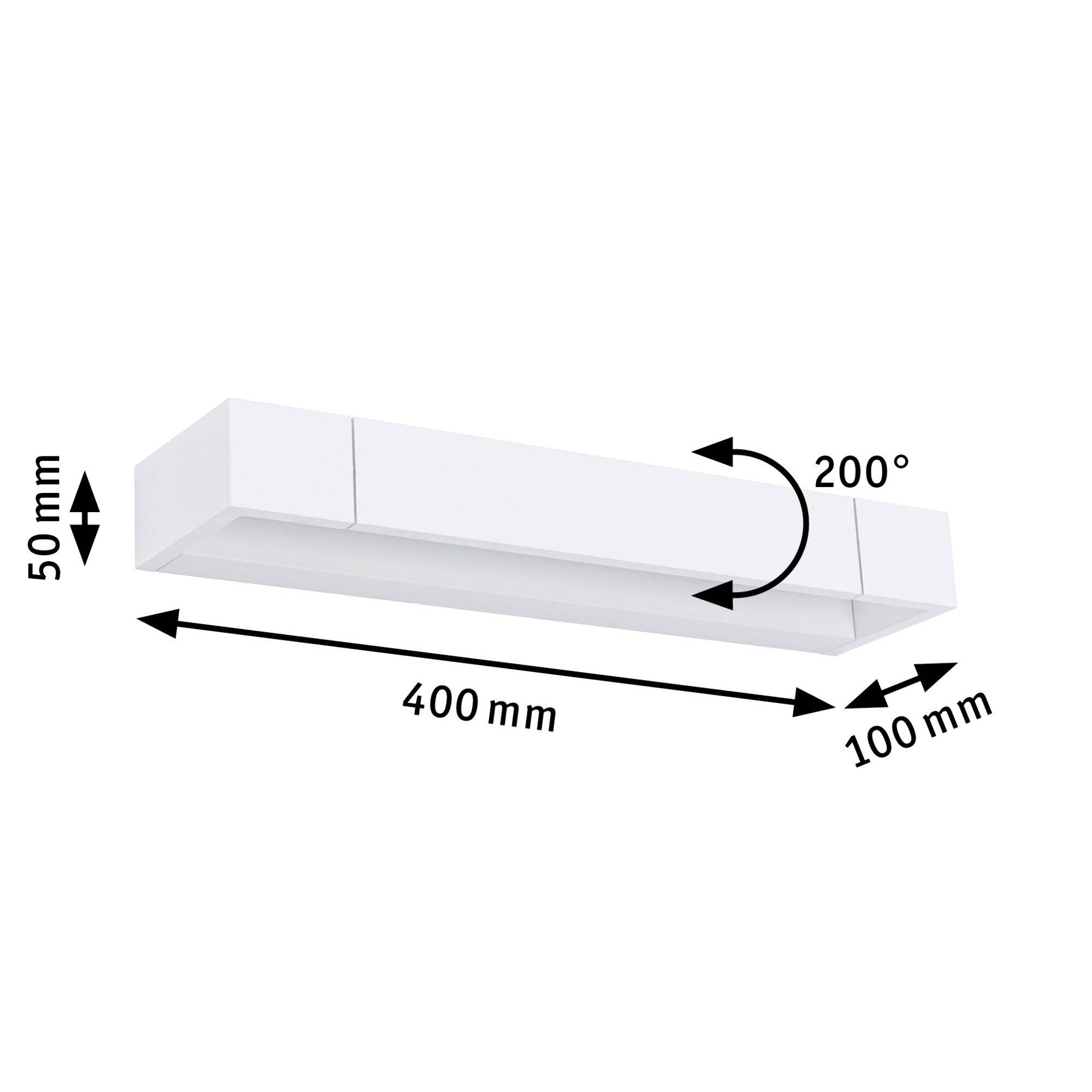 Weißer rechteckiger Deckenstrahler, schwenkbar um 200°. Maße: 400 mm Länge, 100 mm Breite, 50 mm Höhe.