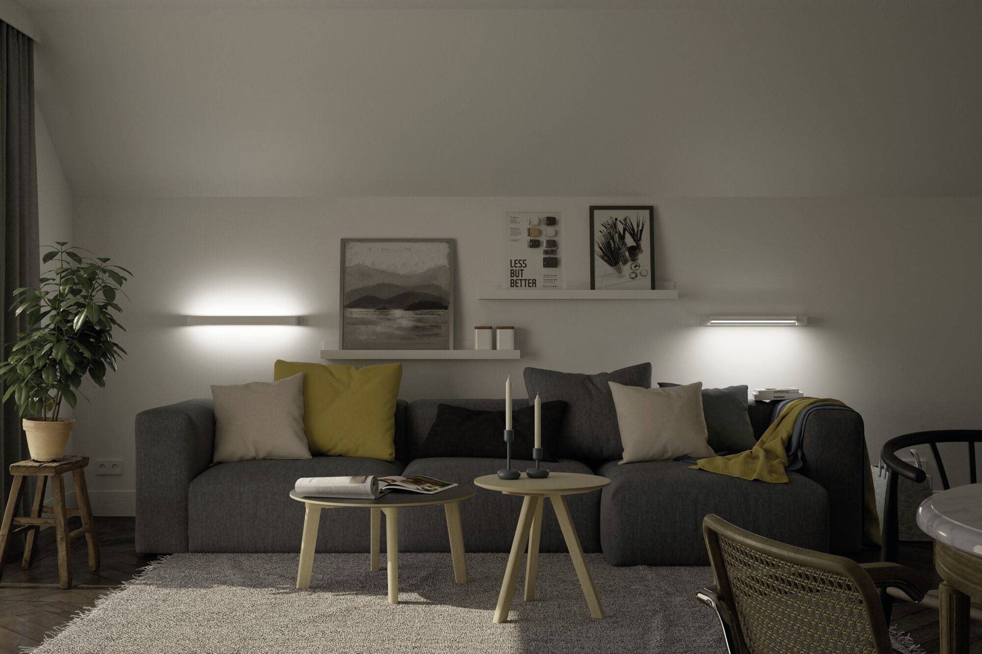 Gemütliches Wohnzimmer mit grauem Sofa, dekoriert mit gelben und beigen Kissen, zwei runde Tische, Wandbilder und sanfter Beleuchtung.