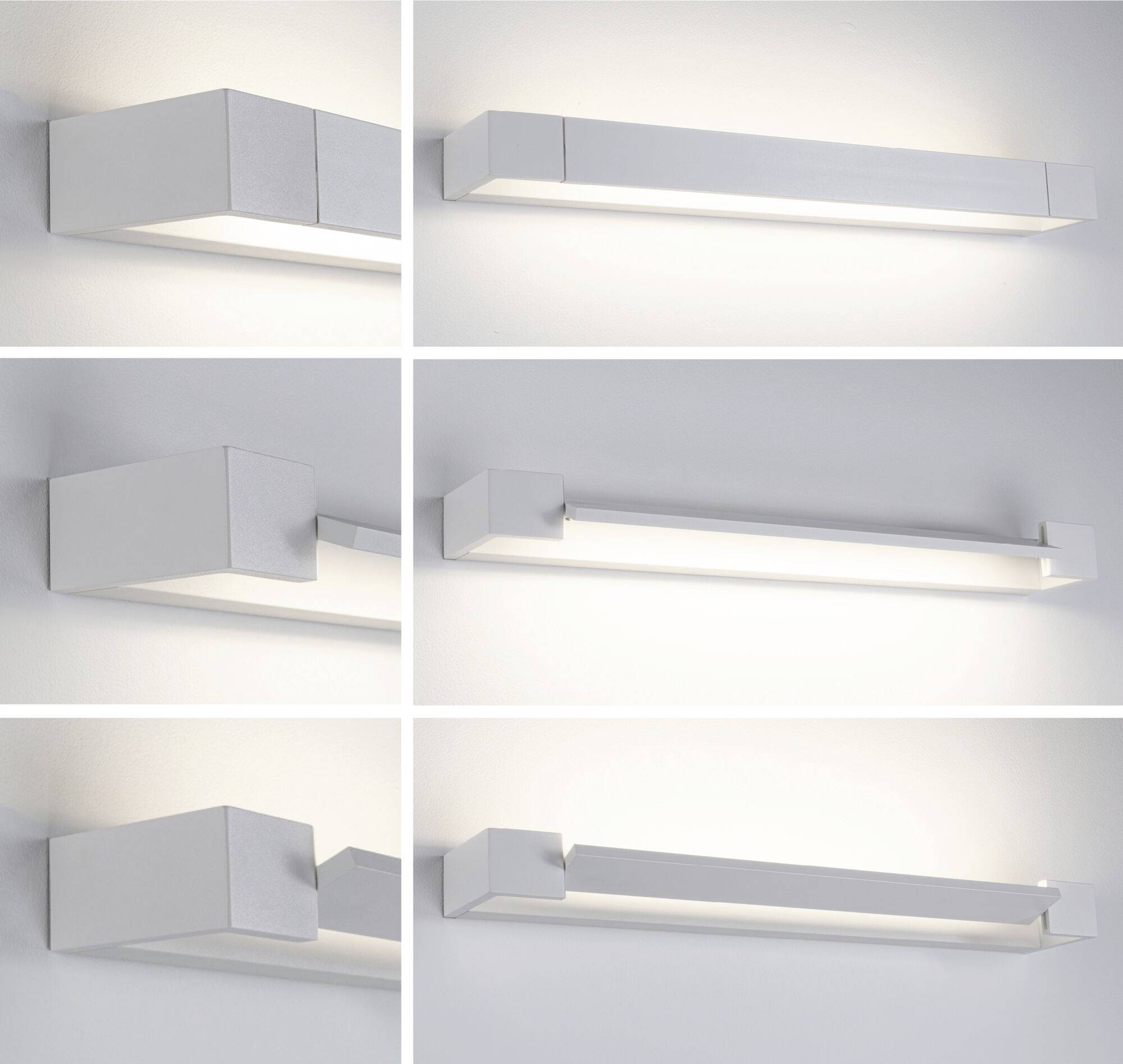 Sechs Bilder eines modernen, rechteckigen Wandstrahlers aus verschiedenen Blickwinkeln. Die Lampe strahlt gleichmäßig weiches Licht aus.
