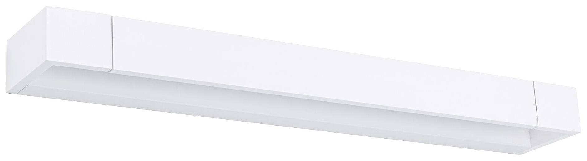Eine lange, rechteckige, weiße Leuchte, die für Deckenmontage geeignet ist. Sie hat ein schlichtes, modernes Design.