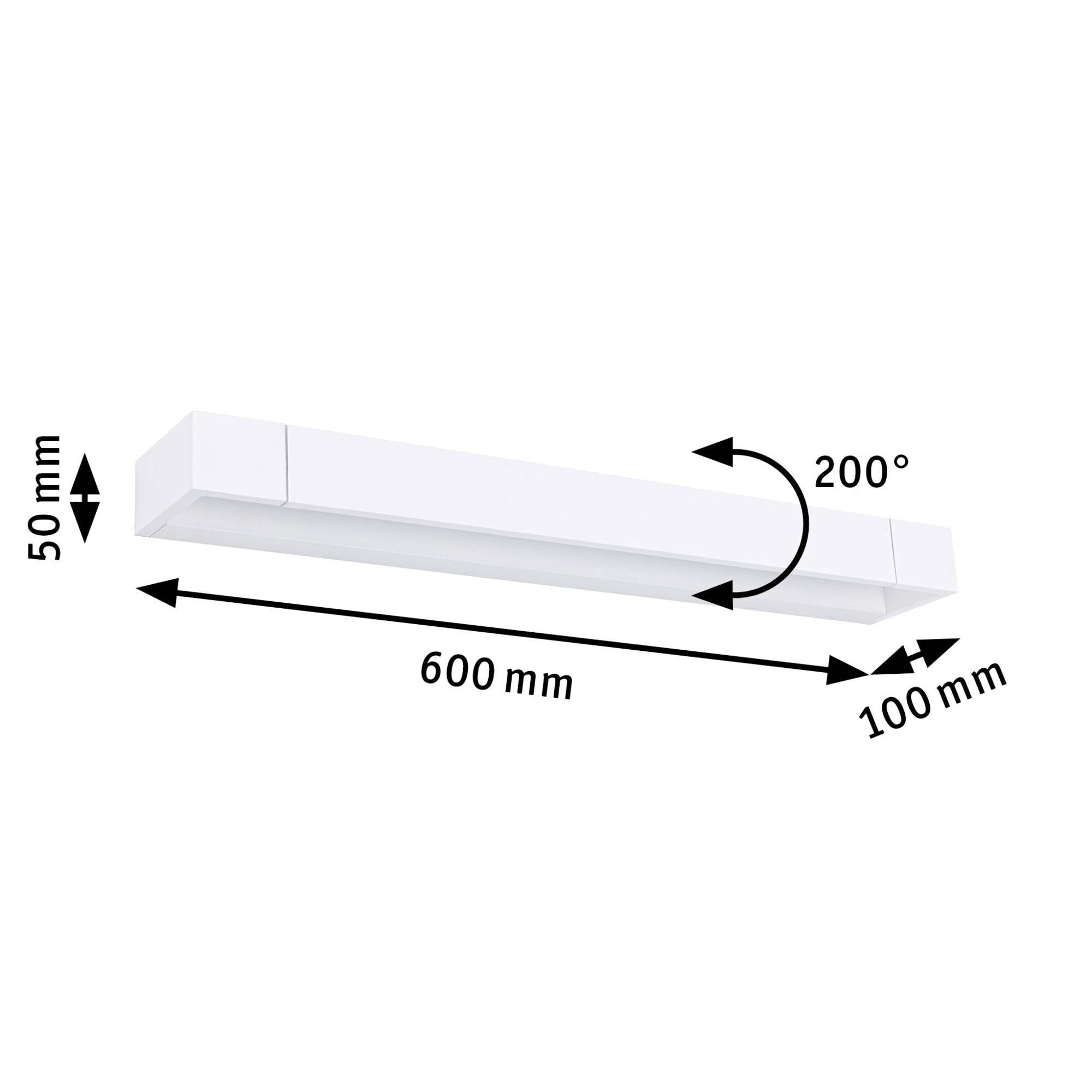 Weiße rechteckige Leuchte, 600 mm lang, 100 mm breit, 50 mm hoch, schwenkbar um 200 Grad.