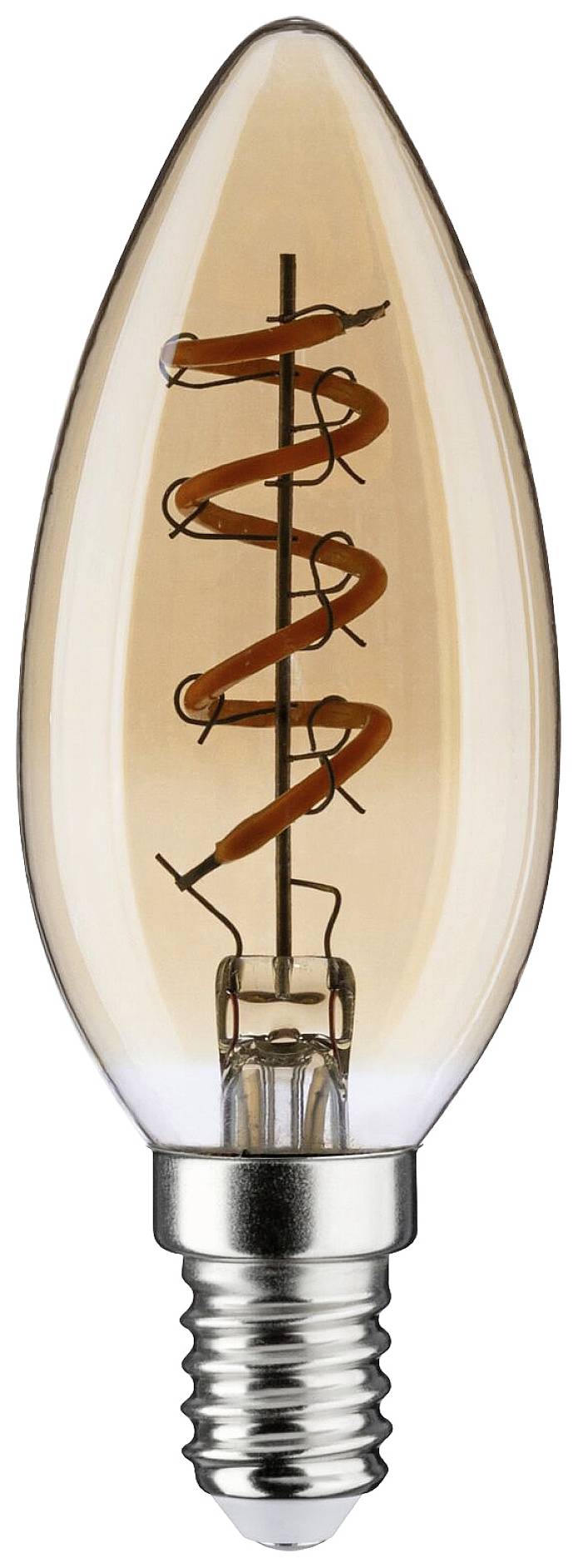 Eine glühbirnenförmige LED-Lampe mit sichtbarem, spiralförmigem Glühfaden in warmem Licht. 