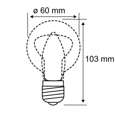 Eine Glühbirne mit Abmessungen: Durchmesser 60 mm, Höhe 103 mm. Zeigt die Form und Größe der Birne im Verhältnis zu Standardgrößen.