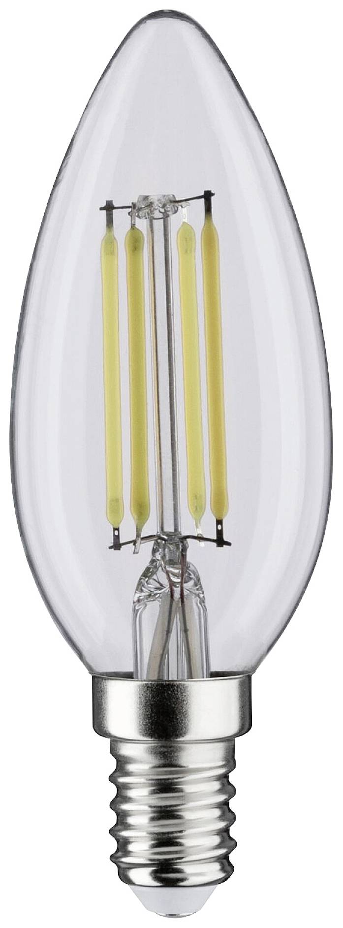 Eine LED-Glühbirne in Kerzenform mit sichtbaren Filamenten und Schraubsockel, geeignet für dekorative Lampenfassungen und energiesparend.