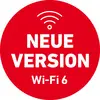 Roter Kreis mit weißem Text: 'NEUE VERSION Wi-Fi 6' darunter ein WLAN-Symbol.