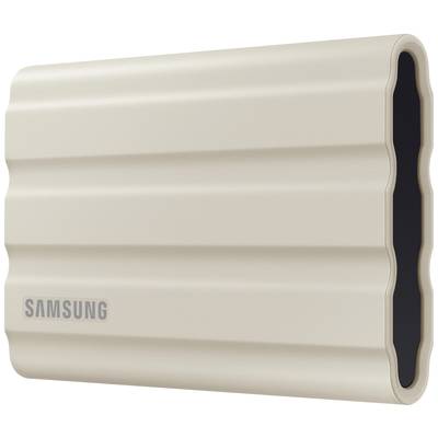 Externe beige Samsung-Festplatte mit geriffeltem Design. Ideal zur Datensicherung und -speicherung. Kompaktes, modernes Aussehen.