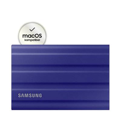 Externe Samsung SSD in Blau mit Text 'macOS kompatibel' in einem runden Symbol.
