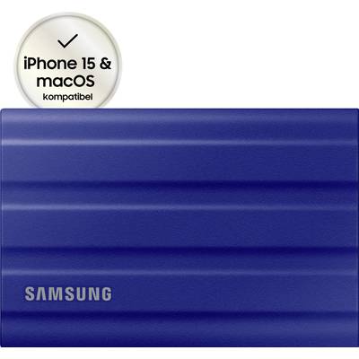 Externe, blaue Samsung SSD, kompatibel mit iPhone 15 und macOS.