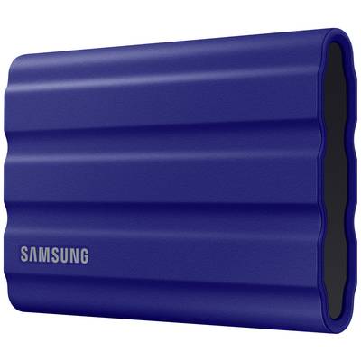 Externe Samsung-Festplatte in Blau mit geriffeltem Design. Sie ist kompakt und tragbar, ideal zur Datensicherung unterwegs.